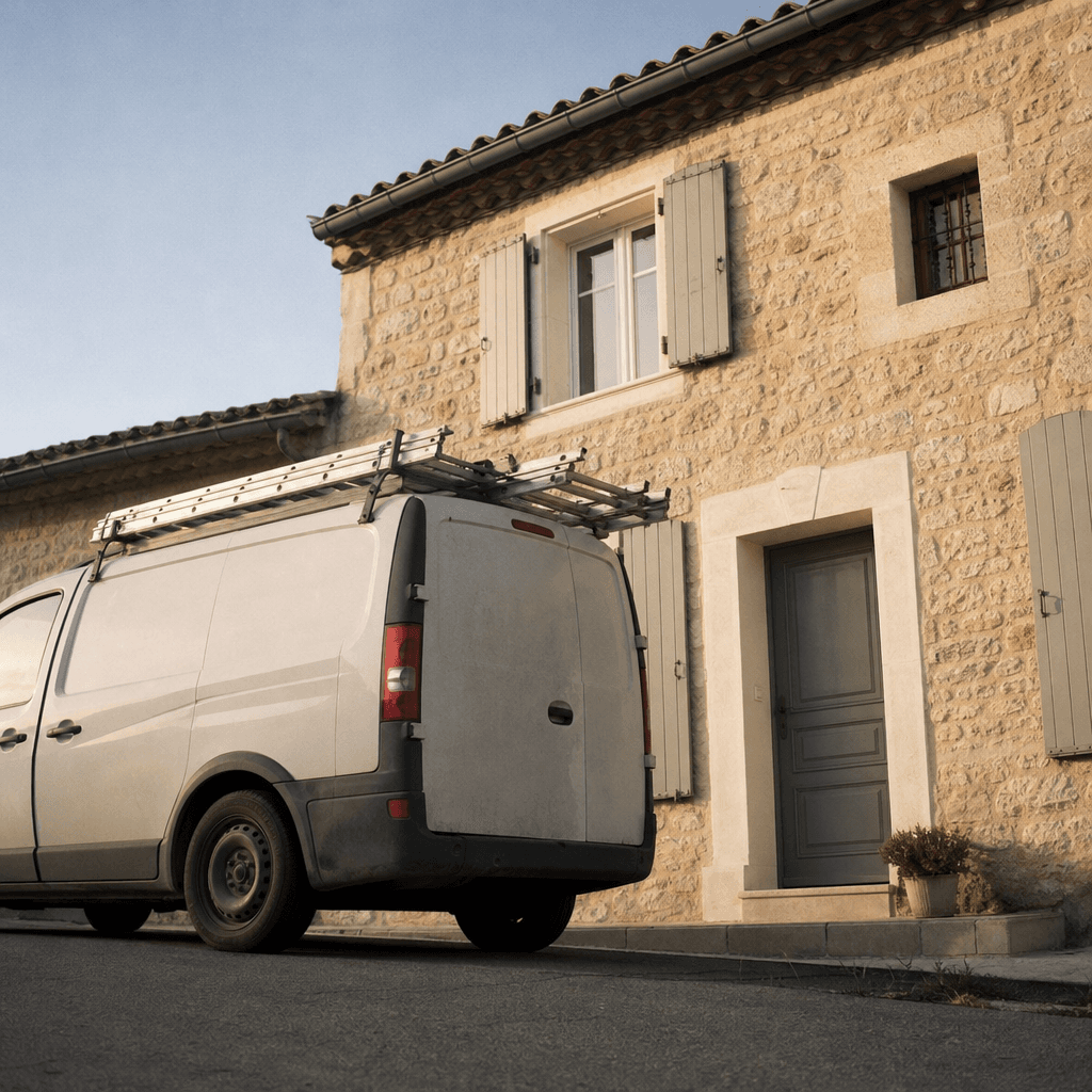 Un camion d'artisan devant une façade en pierre rénovée